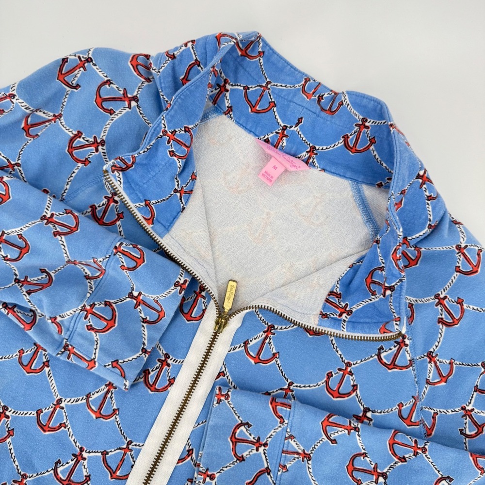 Lilly Pulitzer Skipper Popover Women‎ M Blue Anchor Rope Print Half Zip Pullover